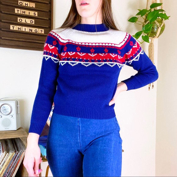 Vintage Sweaters - 70s Vintage Red Blue and White Long Sleeve Sweater